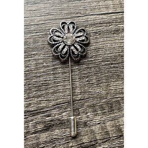 Rhinestone Stick Brooch | Floral Filigree Lapel Pin | Gunmetal Crystal Jewelry